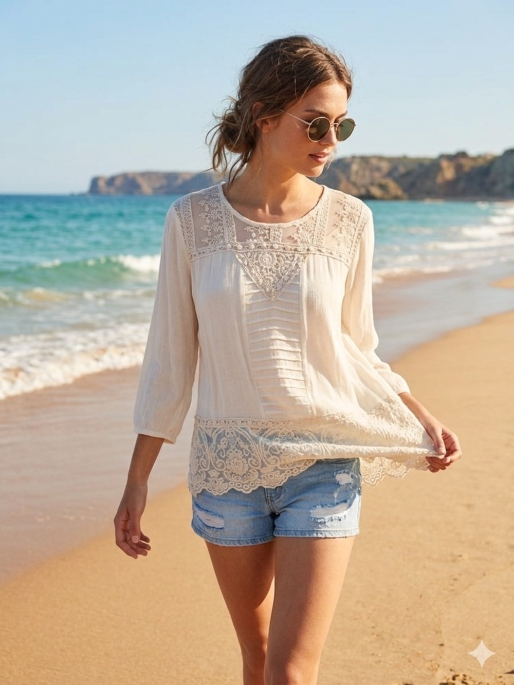 Women's Cream Lace Trim Peasant Top - Lightweight Boho Blouse Size M